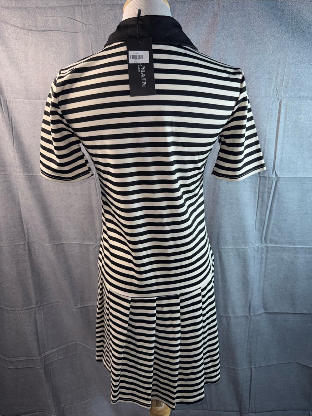 1422-Balmain Black and White Striped Polo Dress with Embellished Crest - Picture 3 of 4